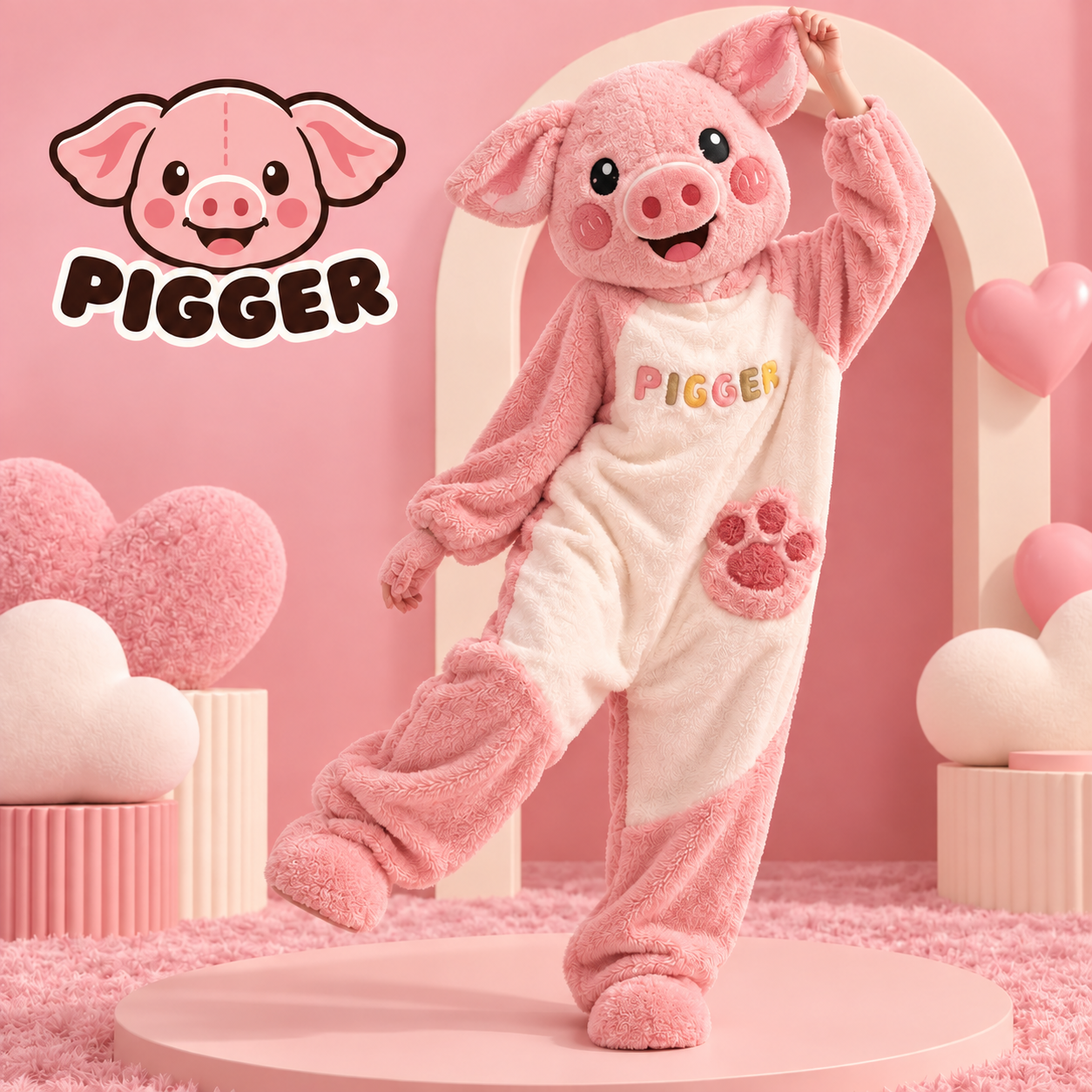 Brand concept illustration of the pink Pigger costume with a smiling pig head, cream tummy and paw pockets