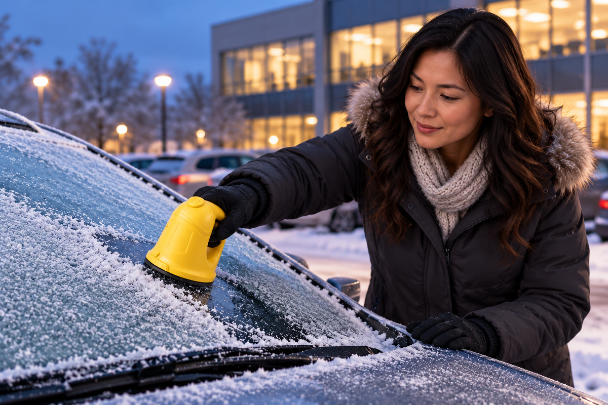 Illustration of a woman using Yellow FrostSnap on a frosted windshield outside an office at dusk