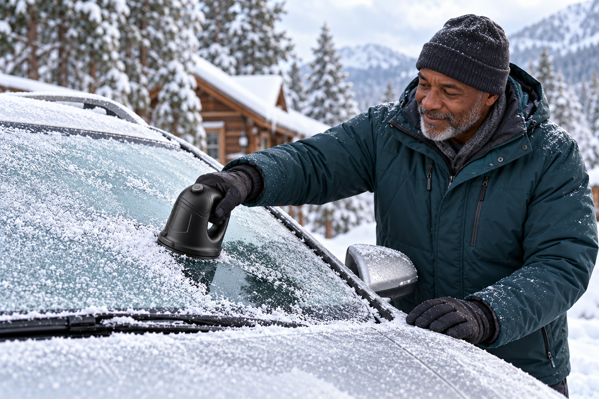 Illustration of a man using Black FrostSnap on a frosted car outside a winter cabin