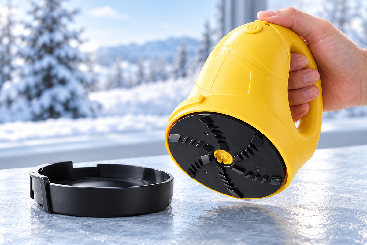 Close-up of Yellow FrostSnap with its scraping disc exposed and its removable protective storage cover beside it